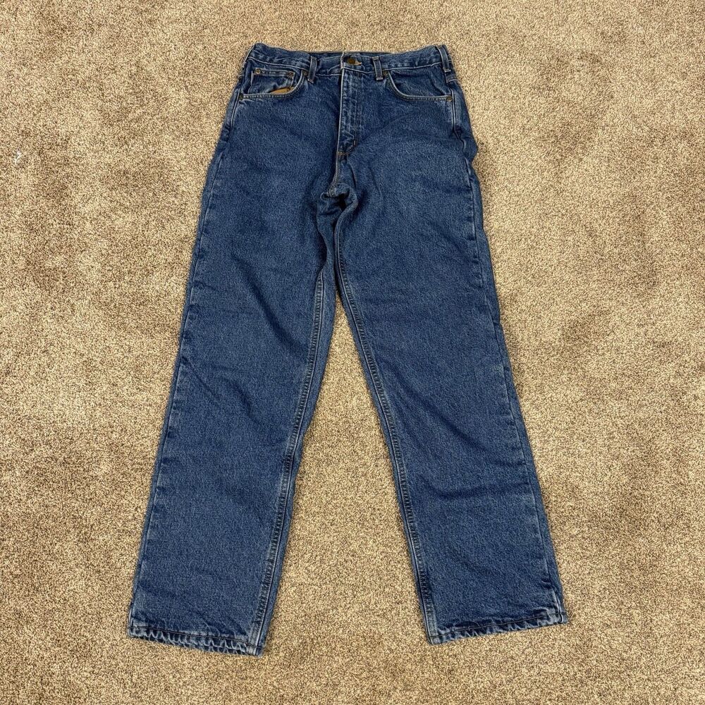 Carhartt Flannel Lined Jeans Mens 34x32 Blue Relaxed Fit Work Denim B172 DST EUC